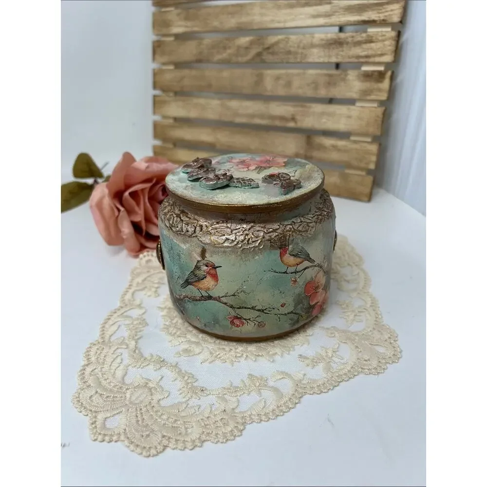 Vintage-Style Decorative Bird Floral Jewelry Jar - Mint & Pink